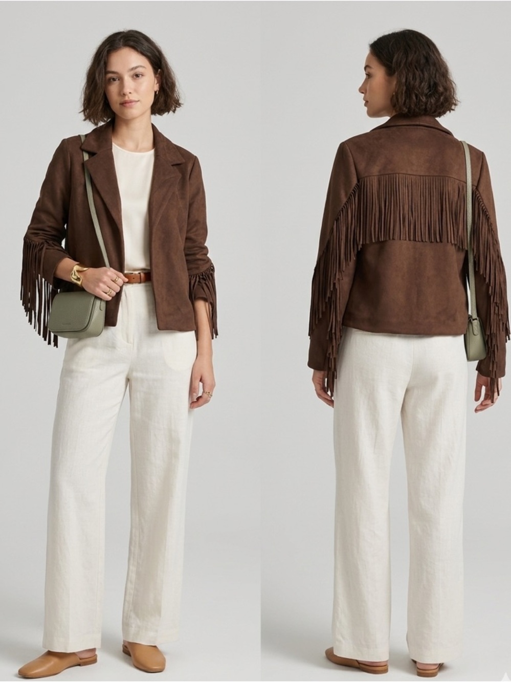 For The Republic Brown Faux Suede Fringe Jacket XS